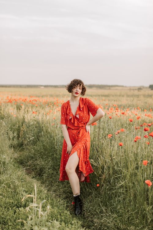 A Woman in Red Dress Posing in the Flower Field · Free Stock Photo