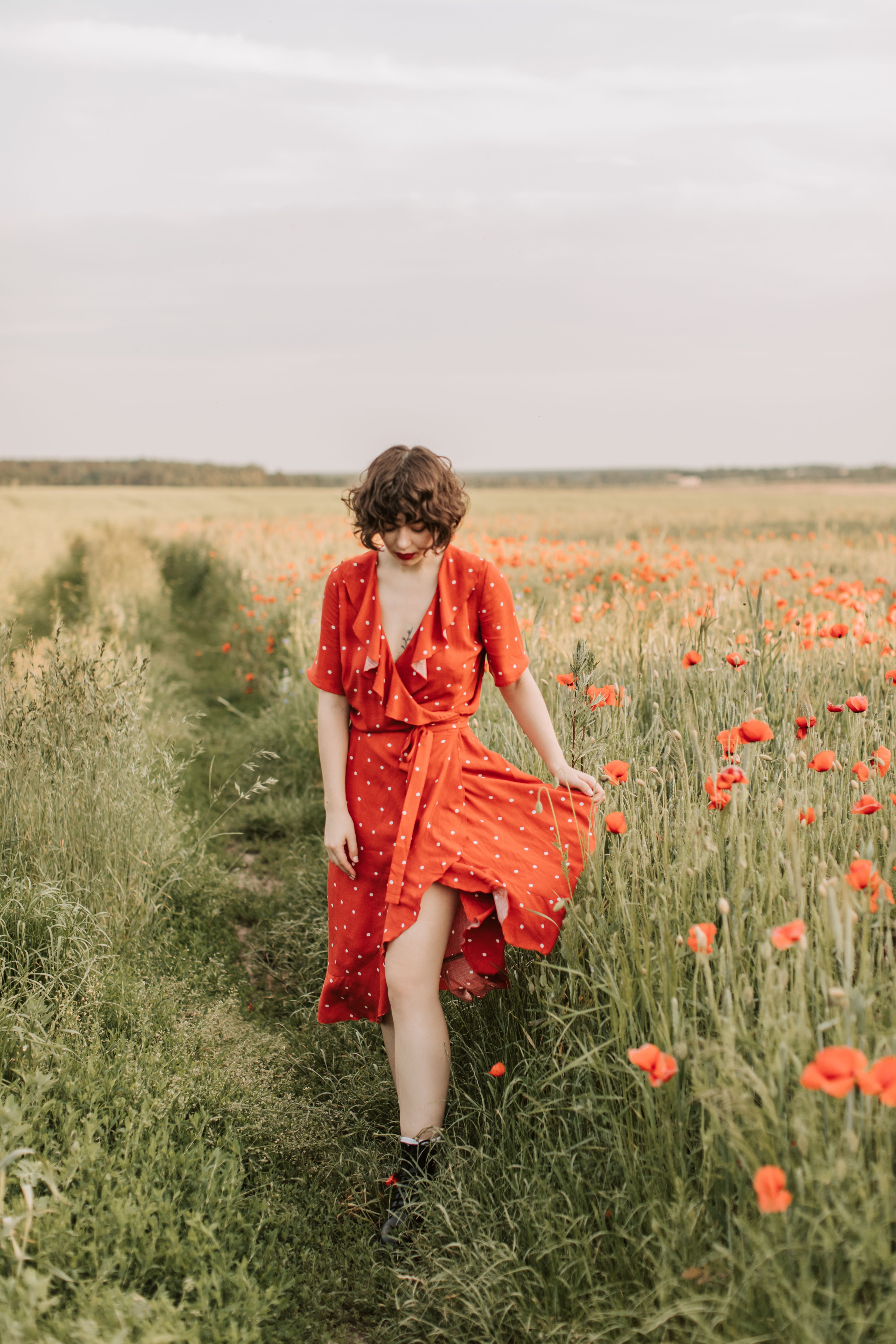 Woman in Red Dress Walking on the Flower Field · Free Stock Photo