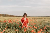 晴朗的天空下，一名身穿红色连衣裙的女子优雅地站在充满活力的罂粟田里