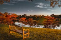 Wooden bench near lake against colorful trees