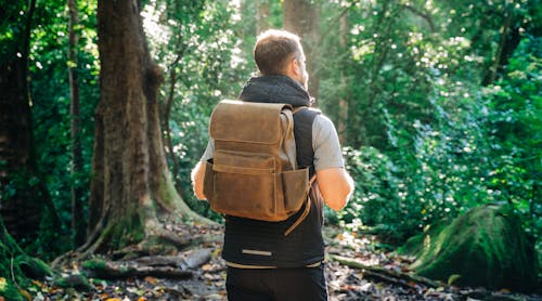 Back View of a Person Carrying a Leather Backpack at a Forest