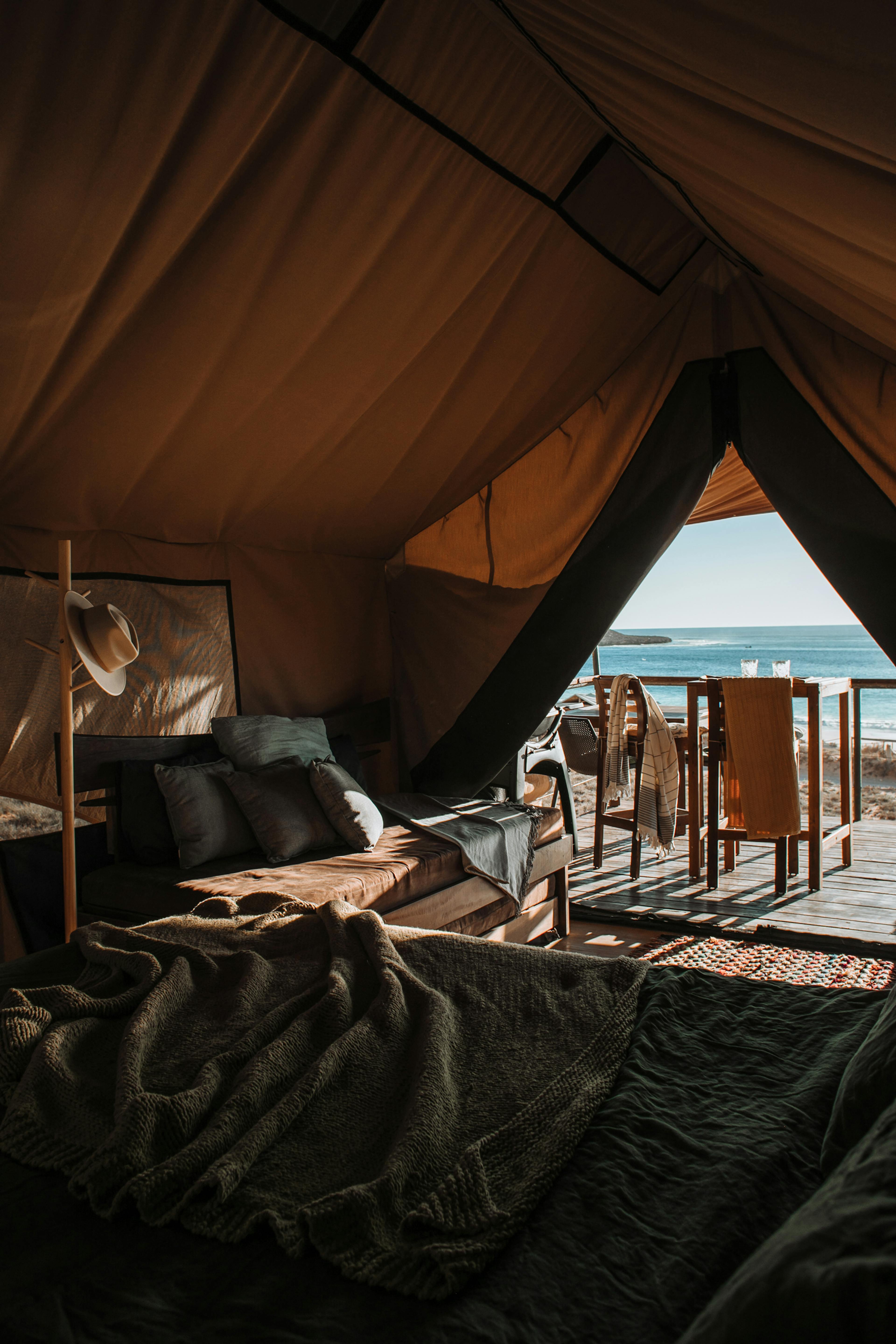 Cozy tent interior on exotic shoreline