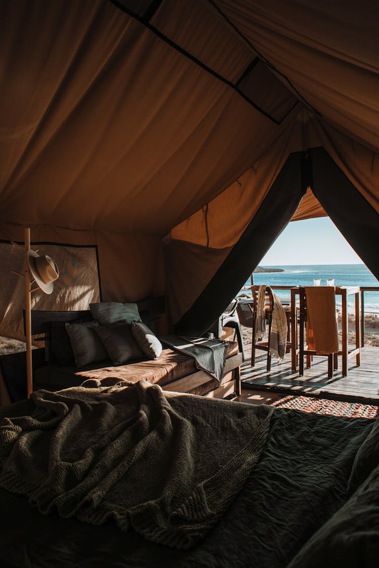 Cozy Tent Interior On Exotic Shoreline