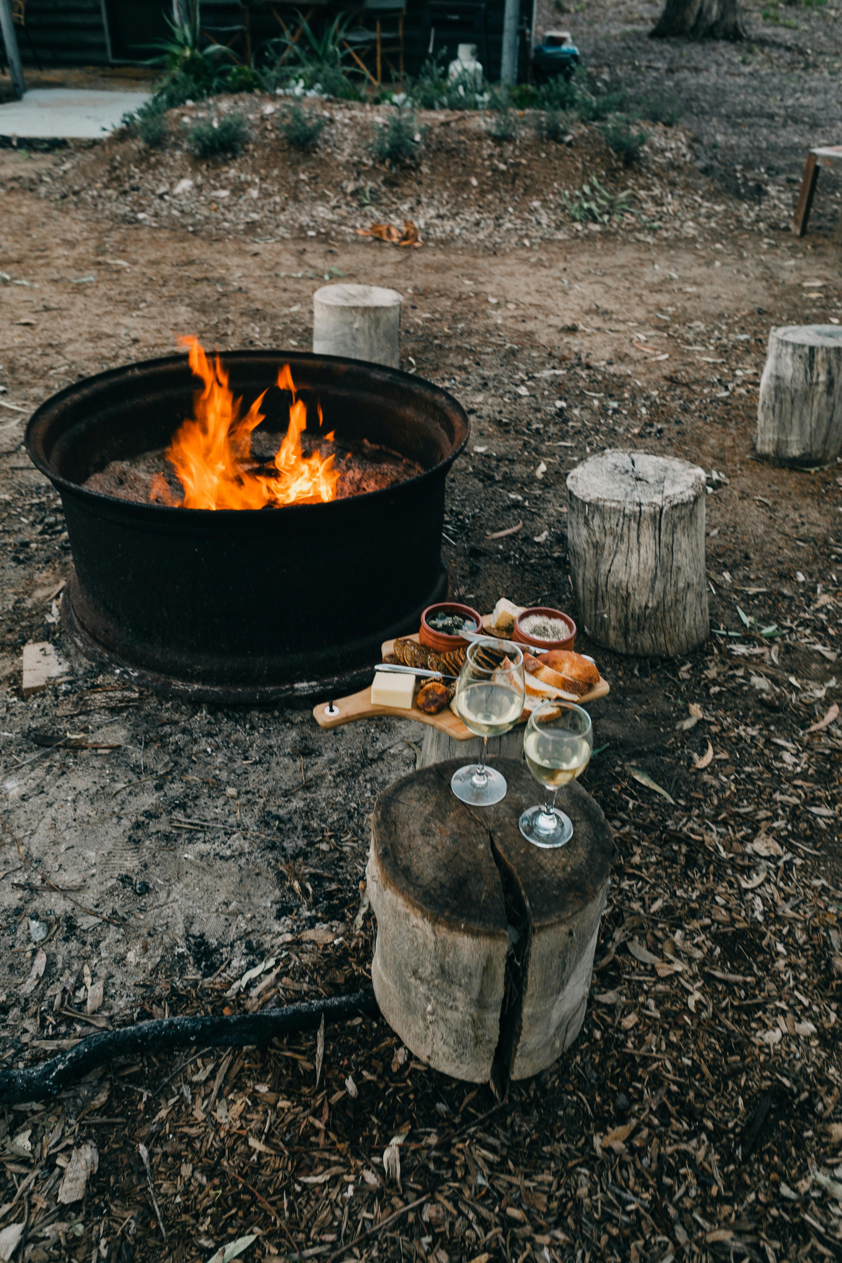 bonfire near house and stumps in nature