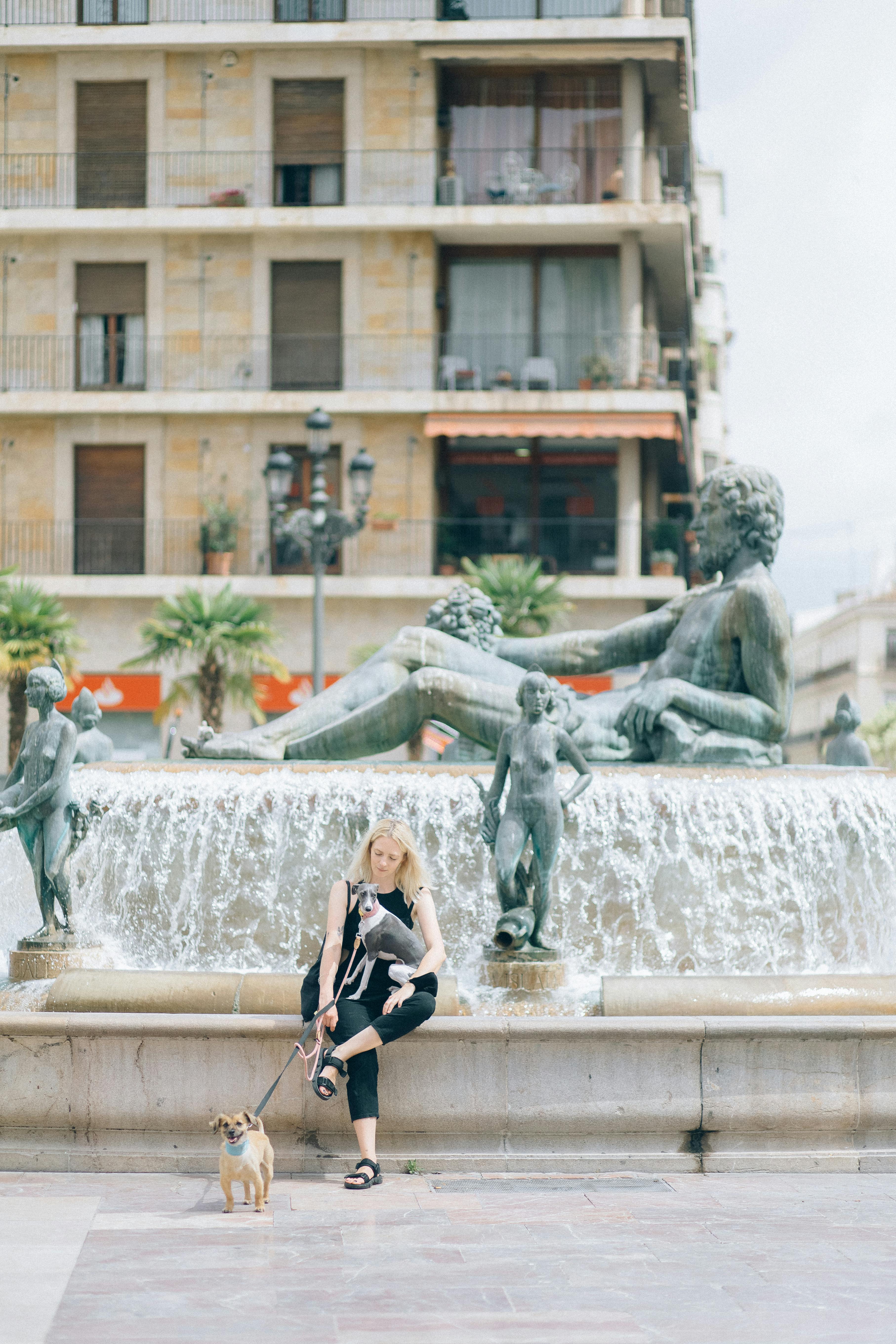 a woman with pet dogs sitting at the fountain of the plaza de la virgen in valencia spain