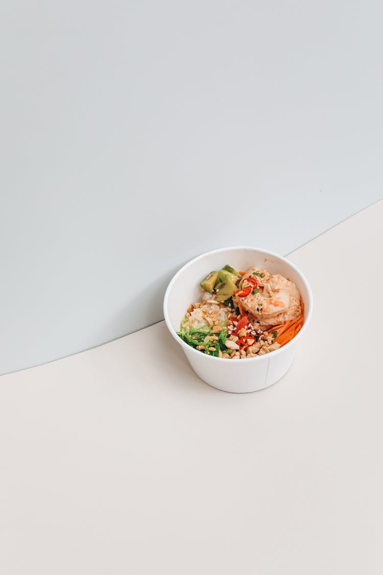 Poke Bowl With Shrimp And Avocado Slices 