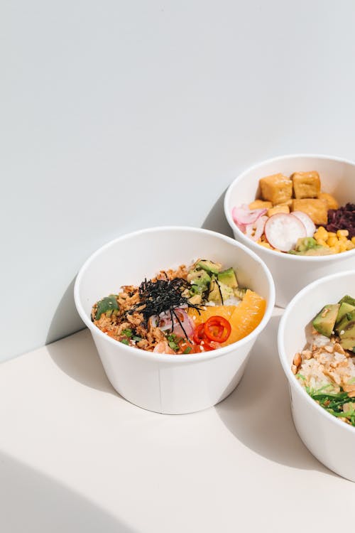 Delicious Poke in White Paper Bowls 