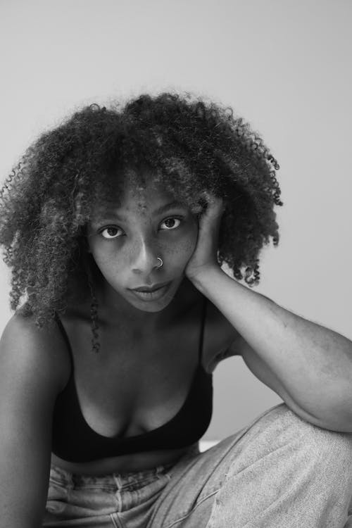 Woman in Spaghetti Strap Top in Black and White Photography