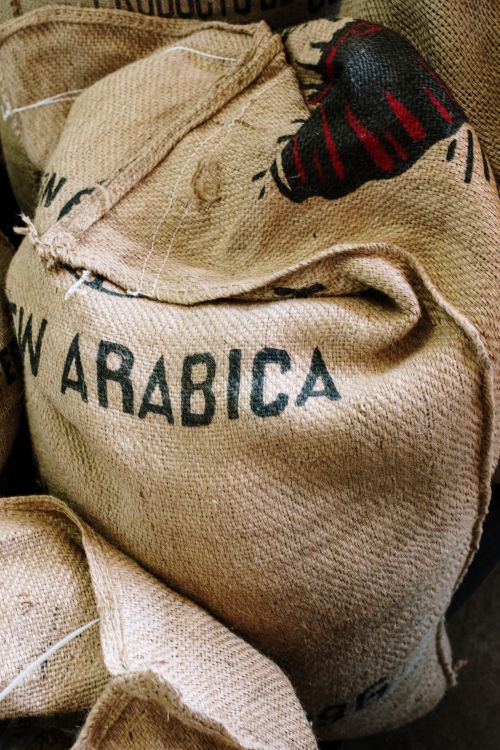 Free Detailed image of a burlap sack labeled with Arabica coffee beans. Stock Photo
