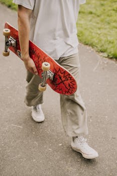 A person in casual attire walking with a red skateboard on a park path.