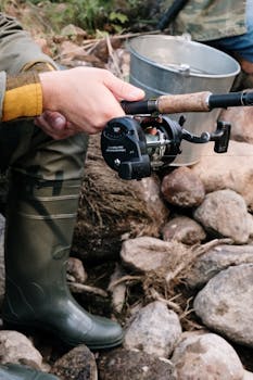 A fisherman in rubber boots holding a fishing rod beside rocks outdoors.