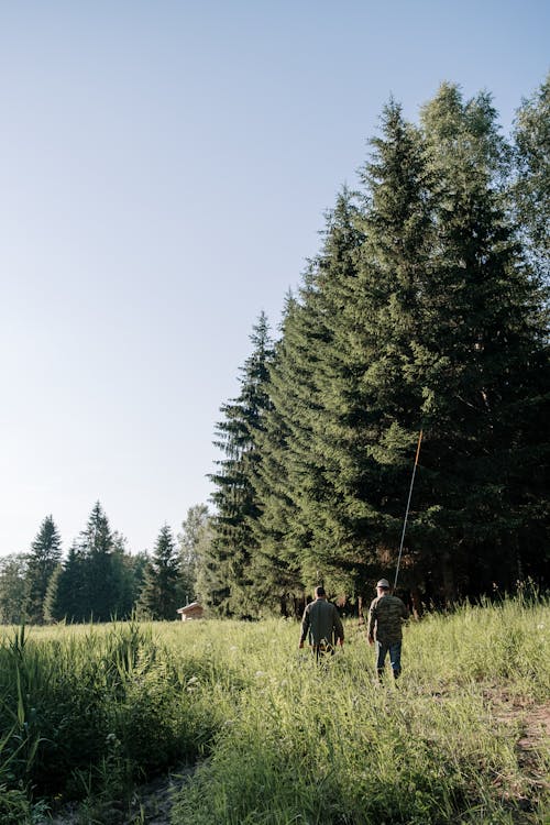 People Walking on Green Grass Field Near Green Trees