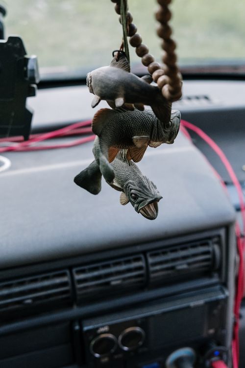 Free Close-up of a fish-shaped beaded ornament hanging from a rearview mirror in a car interior. Stock Photo