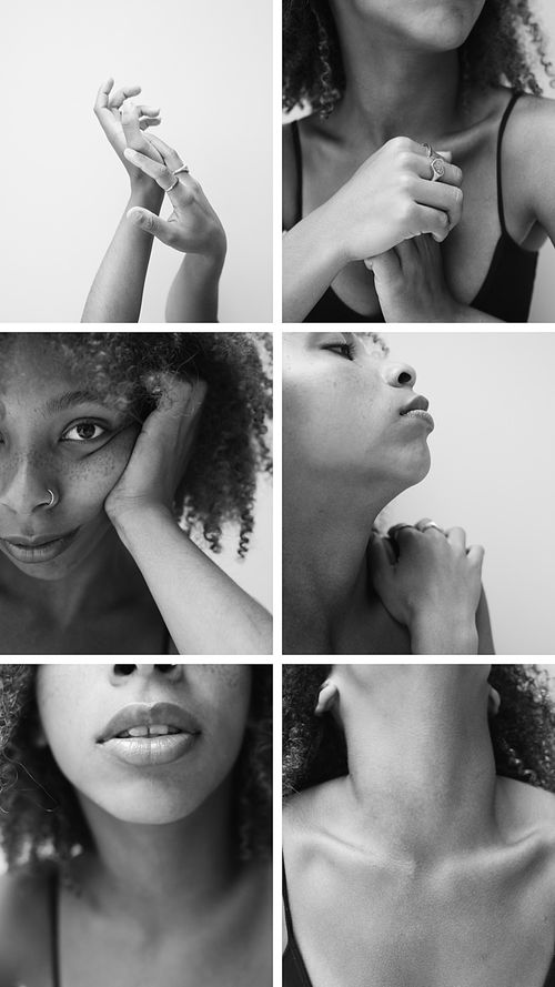 Free Collection of black and white portraits capturing diverse expressions and gestures of a woman. Stock Photo