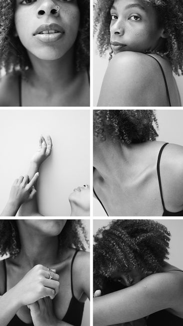 Artistic monochrome portraits highlighting a woman's unique features and natural curls.