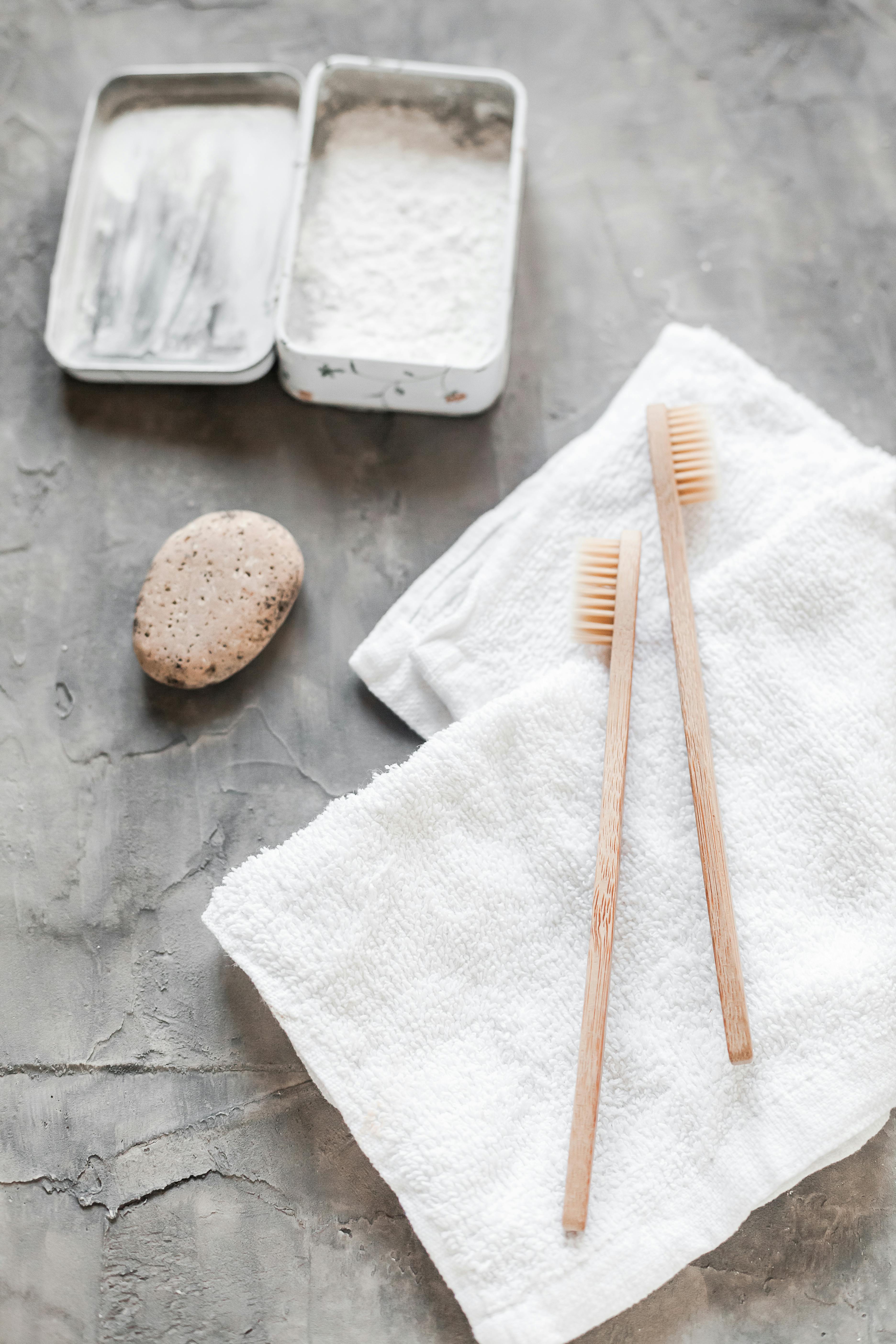 organic toothpaste and toothbrushes in bathroom