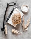 Set of body brushes and pumice on marble surface