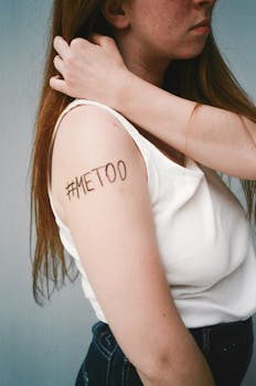 Portrait of a woman with #MeToo on her arm, symbolizing empowerment and awareness.