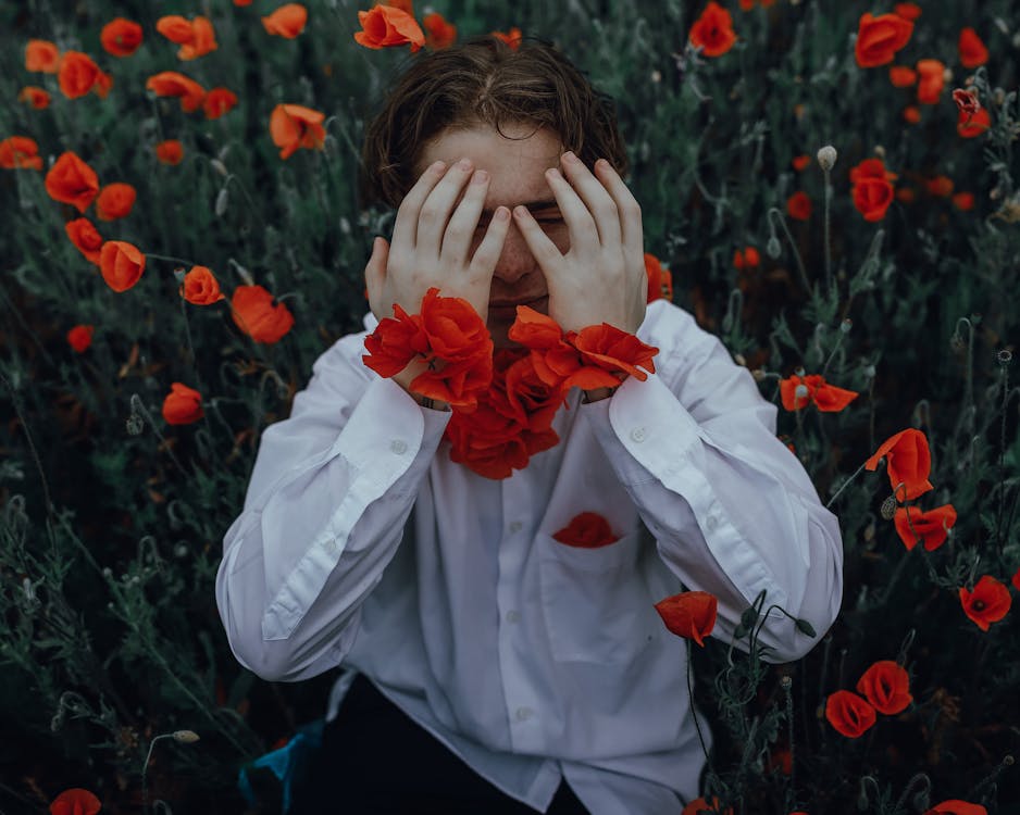 Photo of a Boy with Red Poppy Flowers Covering His Face · Free Stock Photo
