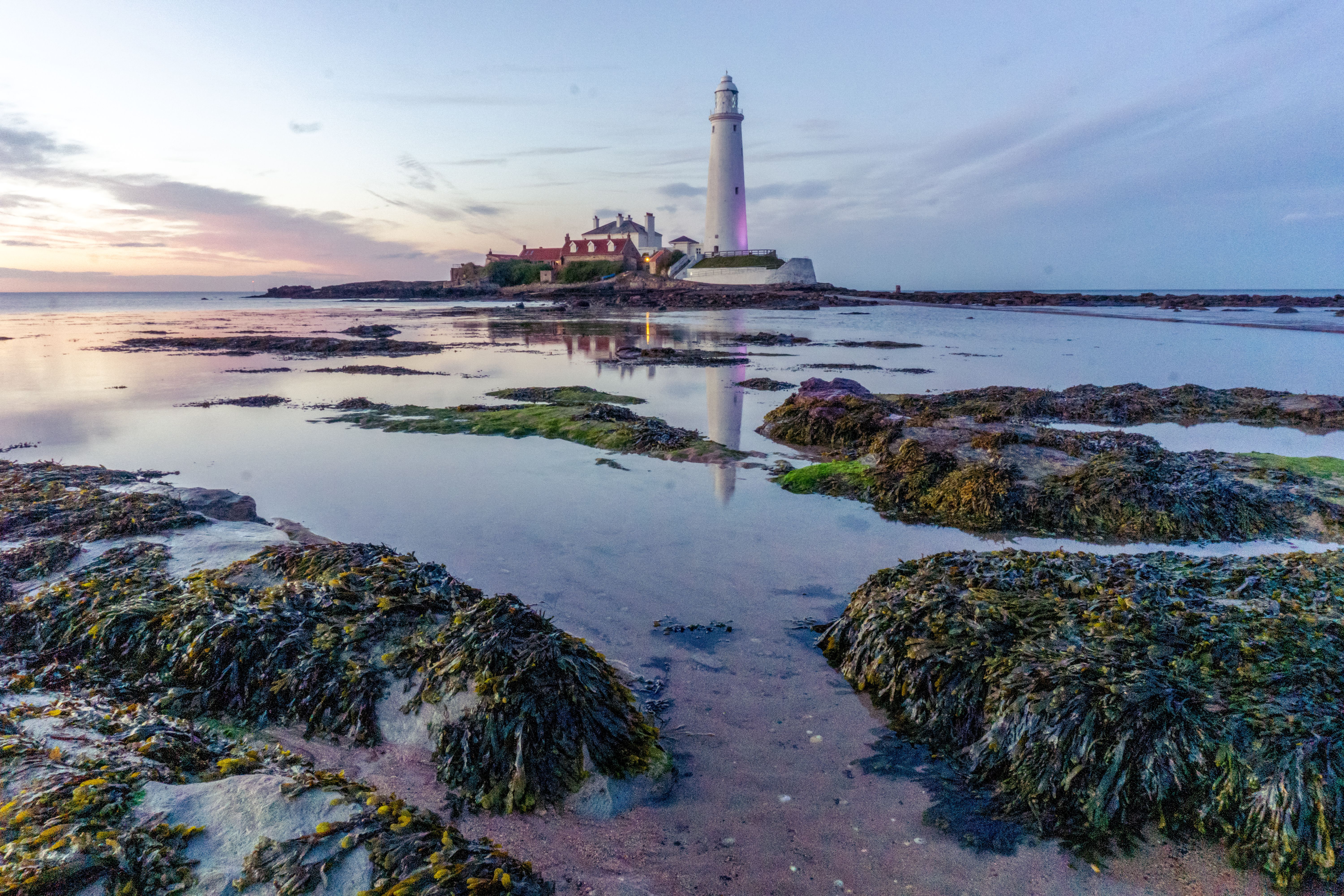 Peaceful seascape at sunset with St Mary's Lighthouse in England reflected in tidal pools.