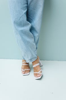 薄荷色背景的特写中，一位女士的脚穿着时尚的白色高跟鞋和蓝色牛仔裤