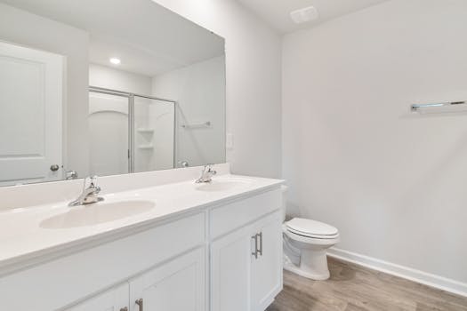 Elegant minimalist bathroom with twin sinks and modern fixtures, featuring a large mirror and shower.