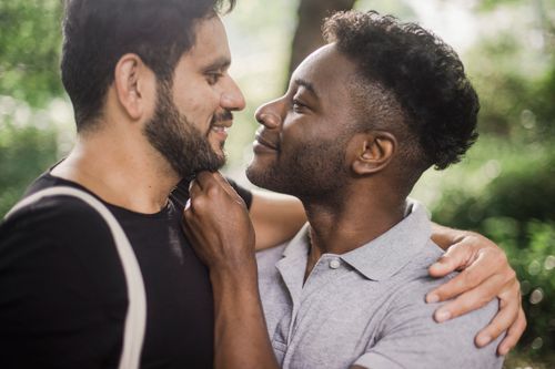 Free A happy gay couple sharing a loving embrace in a lush outdoor setting. Stock Photo