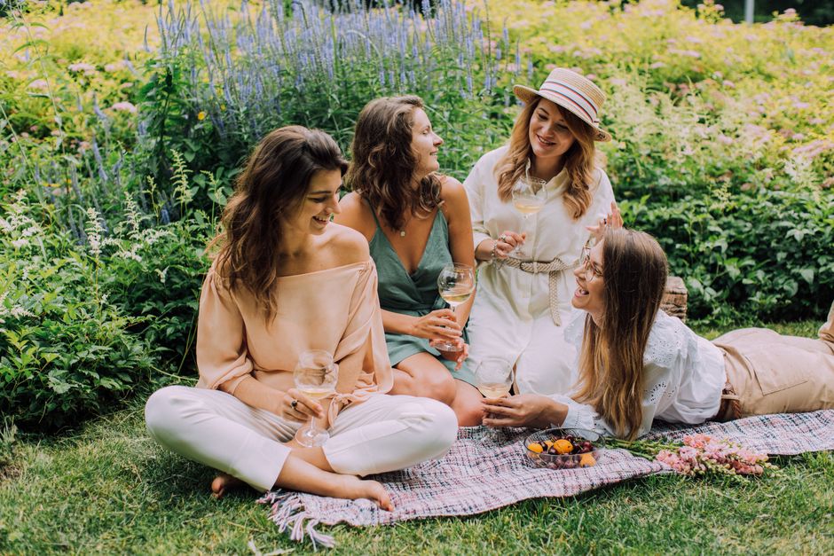 friends enjoying different wines and foods at a picnic - wine pairing for beginners friends enjoying different wines and foods at a picnic - wine pairing for beginners