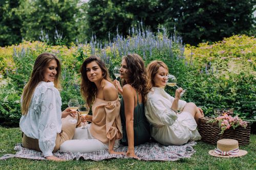 Free Four women enjoying a relaxed outdoor picnic with wine in a lush green garden setting. Stock Photo