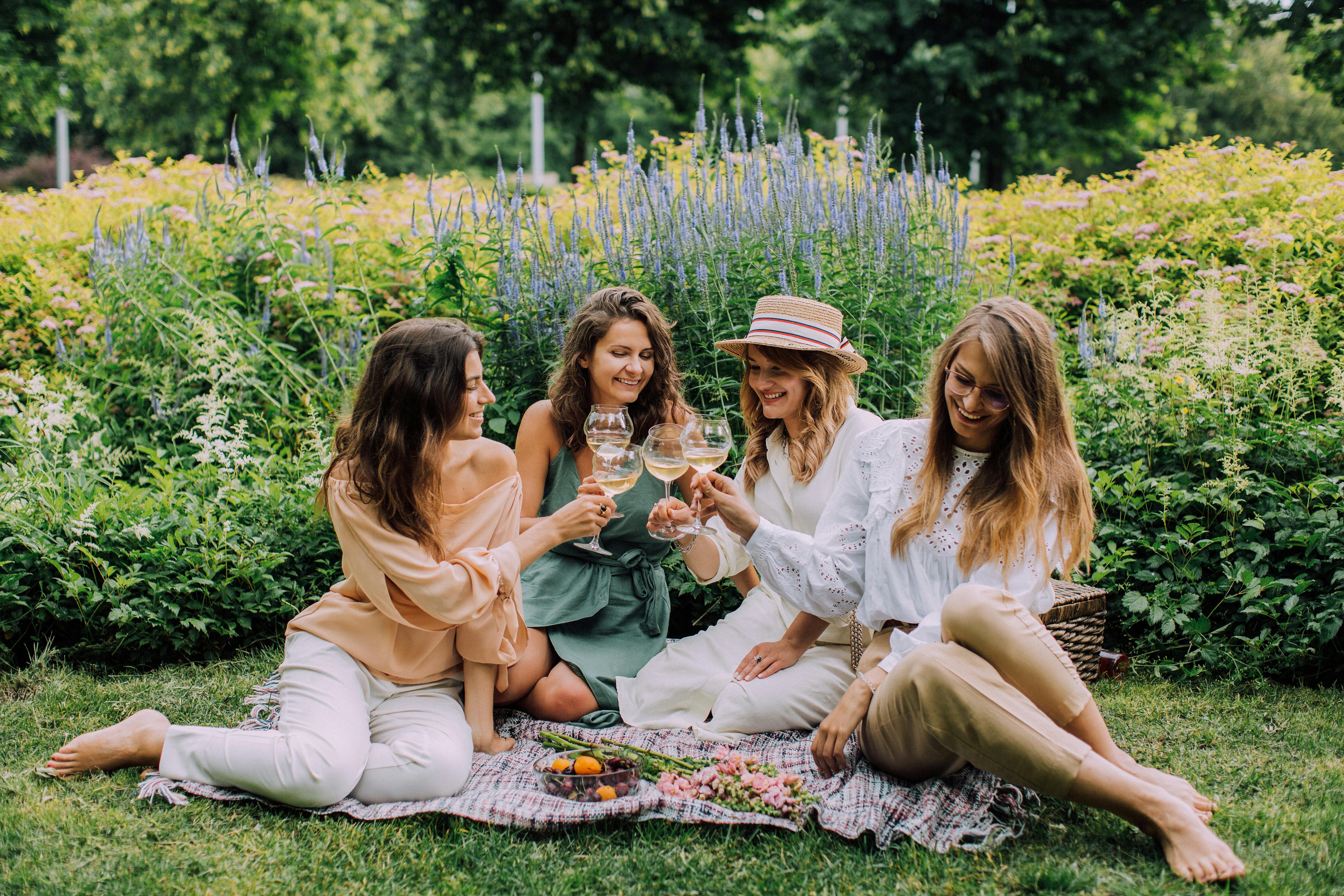 women sitting on a picnic blanket near green plants while having a toast