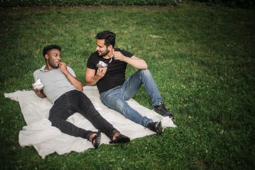 Two men enjoying ice cream on a picnic blanket in a park with a sense of affection and togetherness.