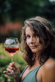 一位年轻卷发女子在户外举着红酒杯的肖像