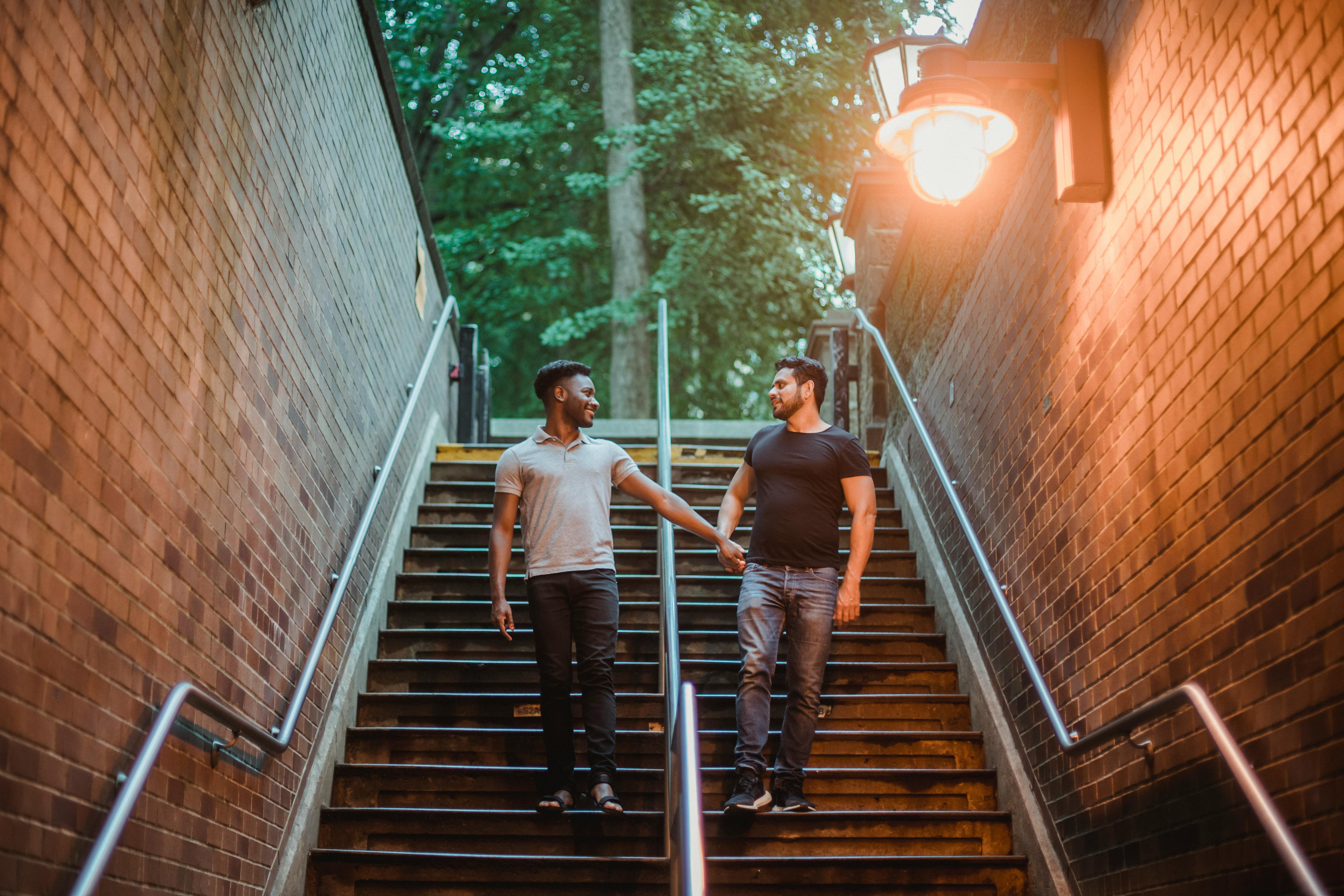 couple walking downstairs