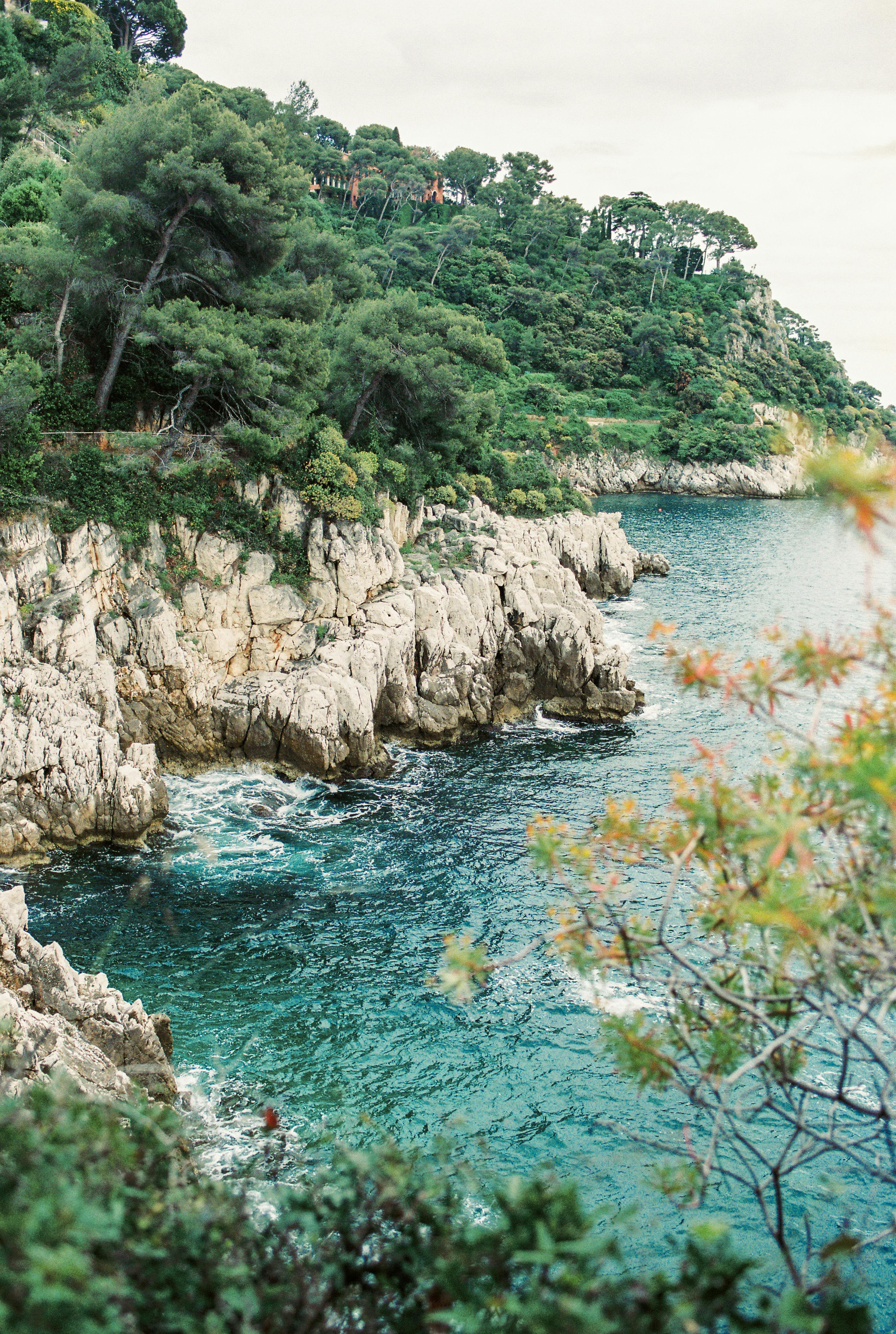 碧绿大海旁，郁郁葱葱的岩石海岸线景色壮丽，非常适合自然爱好者