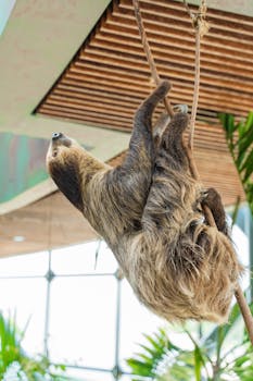 Close-up of a sloth hanging on a rope in a zoo enclosure, showcasing its natural behavior.