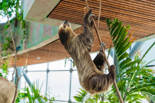 A cute sloth, Bradypus variegatus, hangs on a rope indoors surrounded by lush green plants.