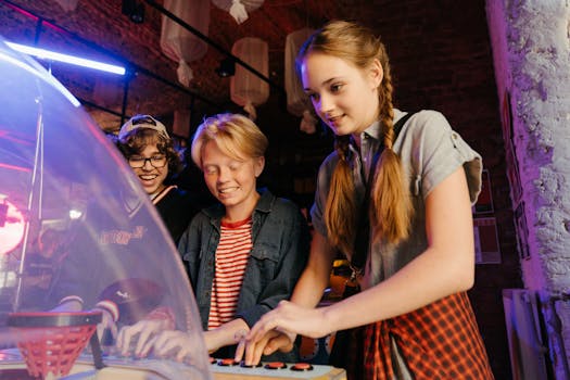 Group of teenagers having fun playing arcade games indoors.