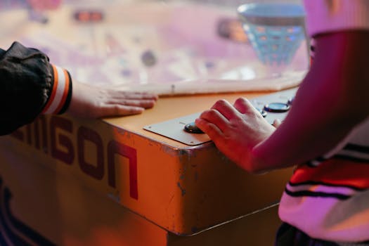 Teenagers engaged with a vintage arcade machine in a vibrant, neon-lit environment, enjoying a nostalgic moment.