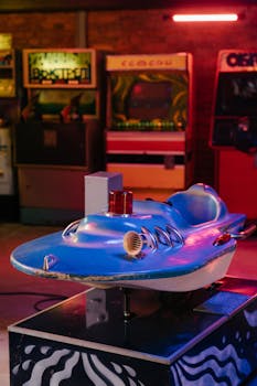 A vintage coin-operated spaceship ride in a nostalgic 80s arcade setting.