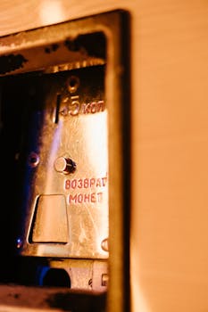 Close-up of a vintage coin slot machine with Cyrillic text, showcasing retro technology.