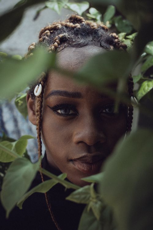 Free Pensive young African American female with traditional braids and makeup looking at camera through green leaves in garden Stock Photo