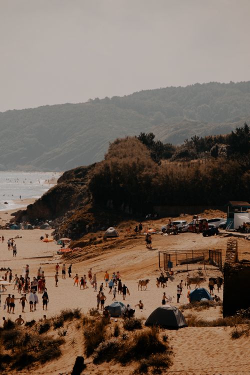 Free Lively summer beach day with crowds enjoying Şile's scenic shore. Stock Photo