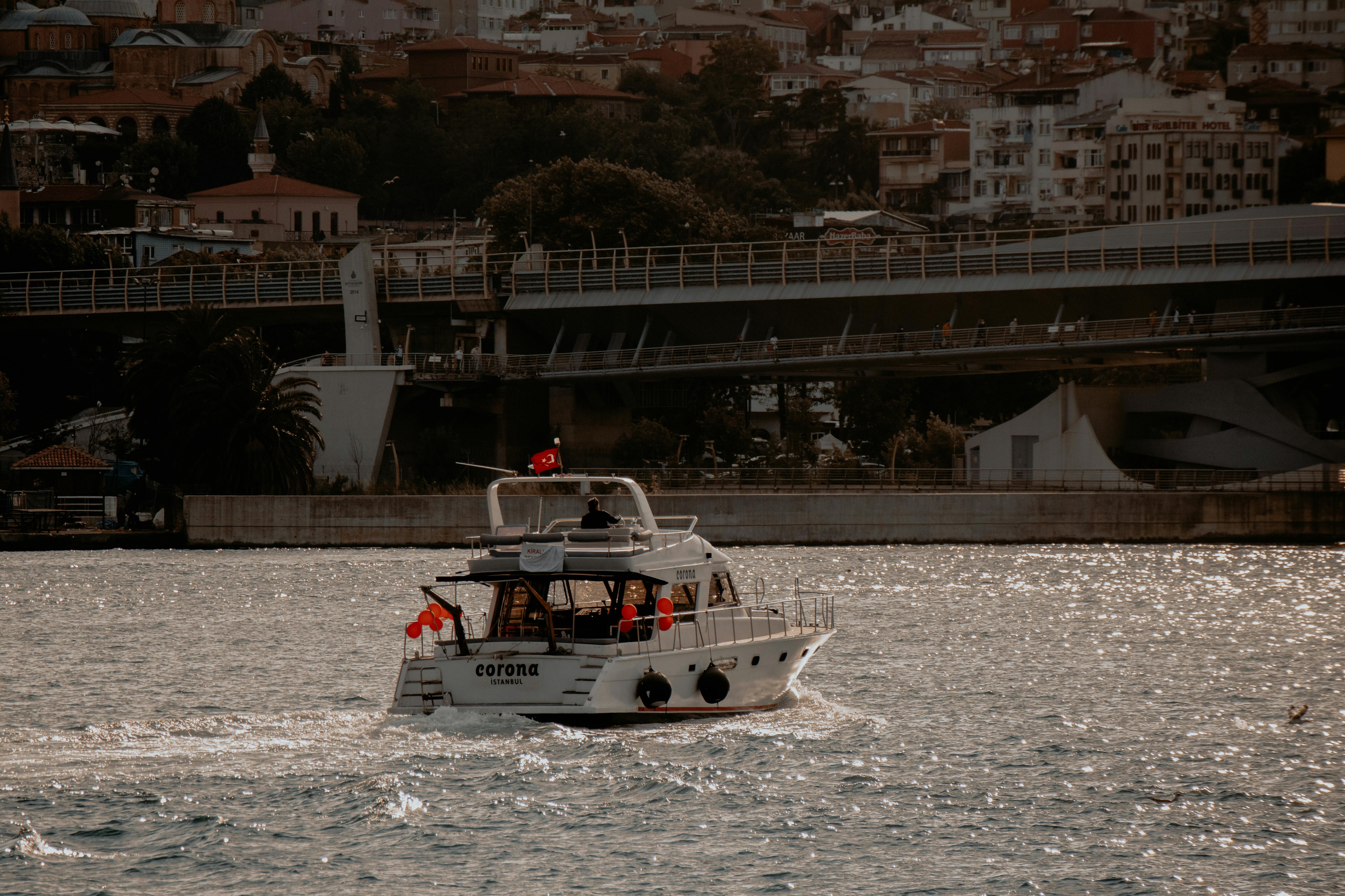 Free A motorboat cruises through the Bosphorus with Istanbul's historic skyline as a backdrop. Stock Photo