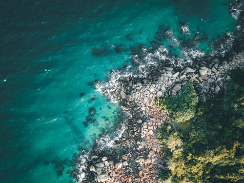 Free From above of sea with turquoise water washing rocky shoreline with tropical trees on sunny day Stock Photo
