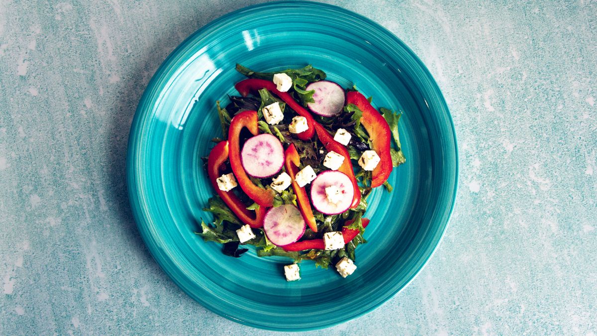 Cooked lentils salad with red bell pepper and feta