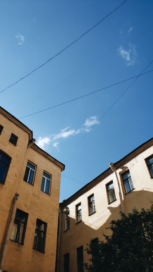 Free From below buildings with windows and gutters partly illuminated by sun and tree in yard against blue sky Stock Photo