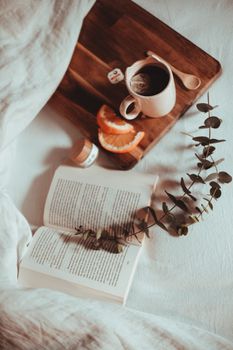 A warm and inviting scene of a morning setup with tea, fresh orange slices, and an open book on a wooden tray.