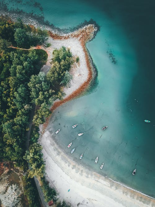 Free Picturesque drone view of curvy sandy coastline and boats floating in clear sea water Stock Photo