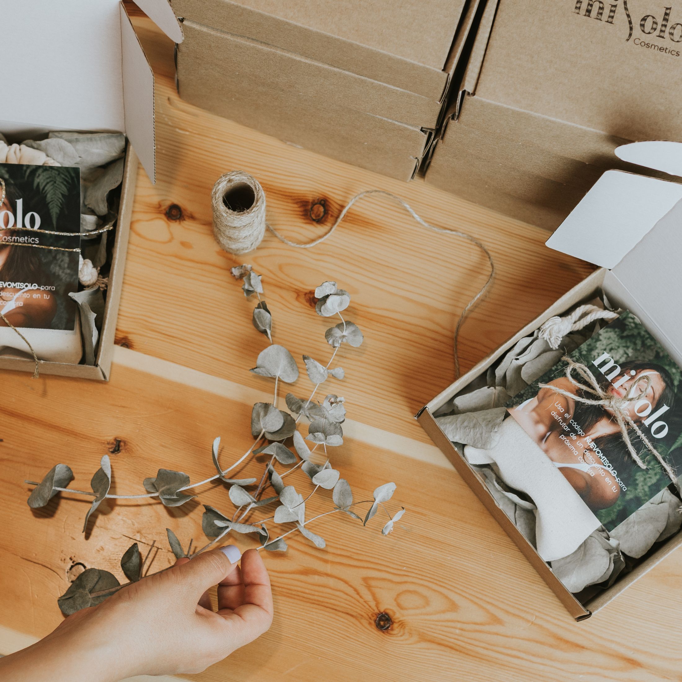 Natural beauty products arranged in recyclable cardboard packaging