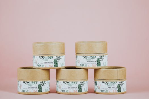 Eco-friendly skincare jars stacked against a soft pink background, highlighting sustainable beauty packaging.